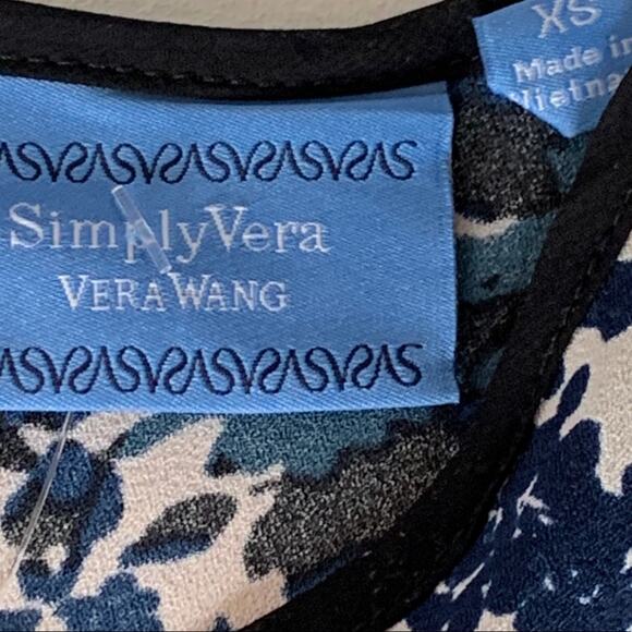 Simply Vera Wang Dress Blue Tan Floral A Line Long Sleeve Fit & Flare Size XS - Picture 2 of 14